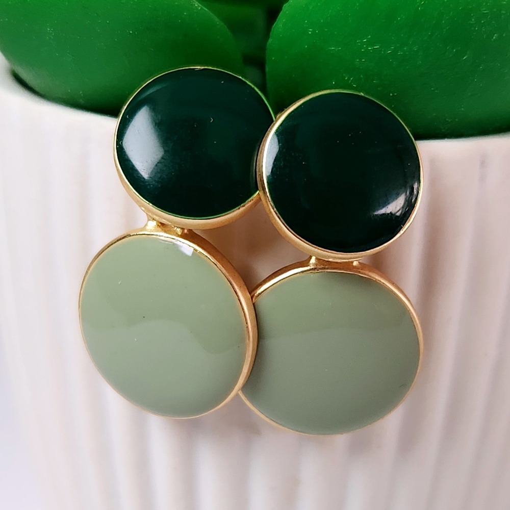 Women Green Enamel Drop Earrings Gold Tone Two Tone Round Geometric Studs 1.25"